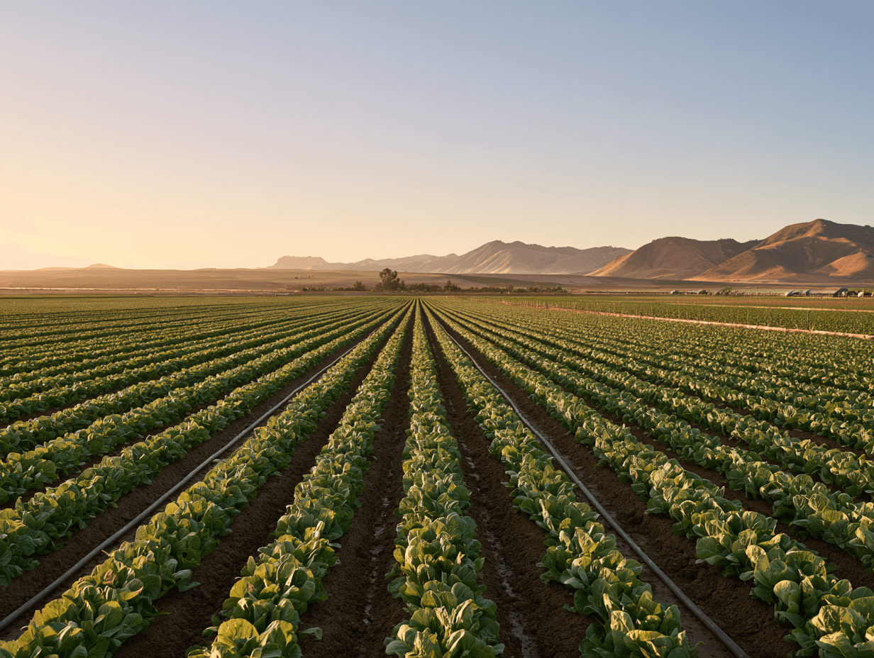 AI-generated view of crop rows beneath mountains at sunrise; not an Amanzi trial site.